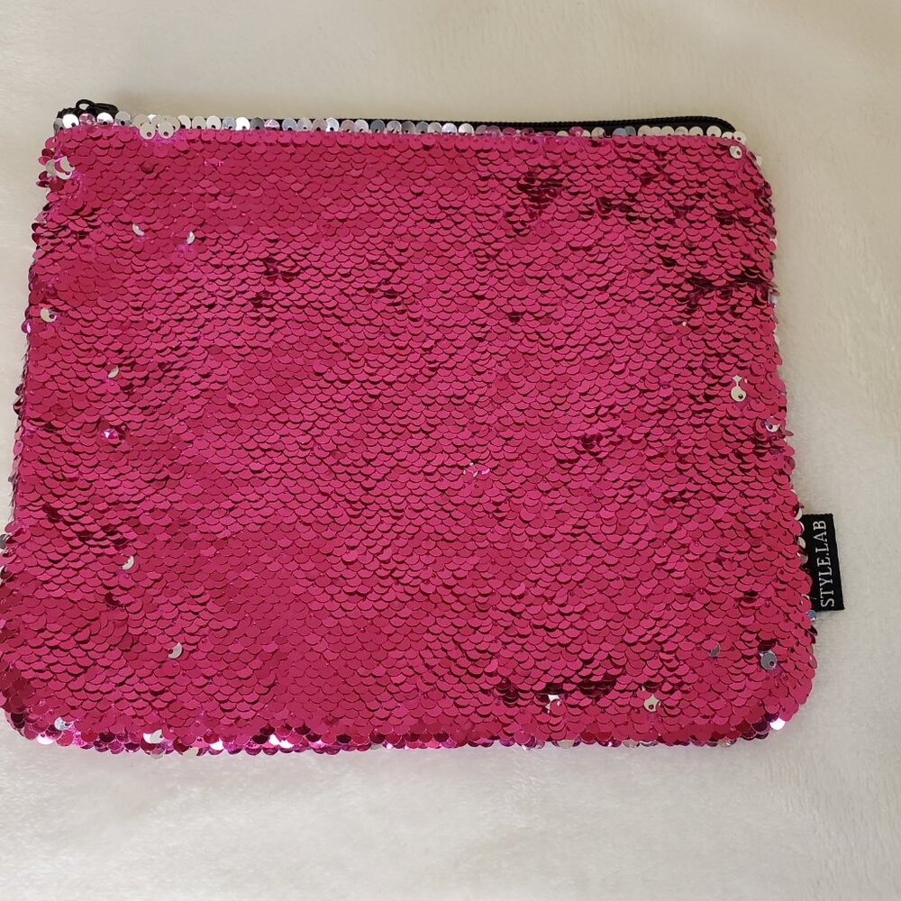Sequins Makeup Bag Cosmetic Purse Reversible Pink & Silver Sequins